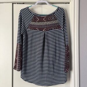 ODDY Navy‎ White Striped Boho Print Sleeve Tunic Top Shirt Womens XL